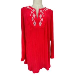 Catalina Women Red Crinkle Embroidered Sequin V-Neck Swim Cover Up Tunic Large